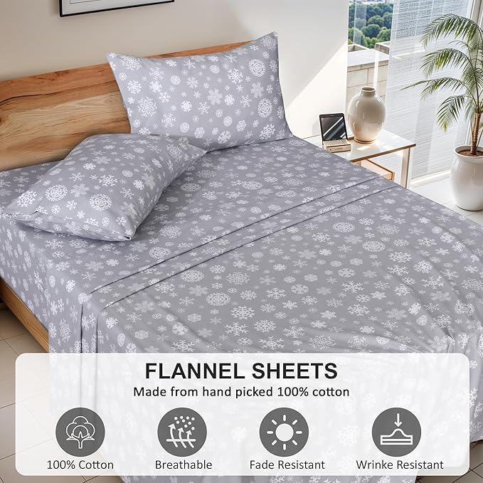RUVANTI Flannel Sheets Full Size - 100% Cotton Double Brushed Bed Sheets Set, Deep Pockets 16 Inches, All Seasons Breathable & Extra Soft Full Sheets, Warm & Cozy, 4 Piece, Snowflakes
