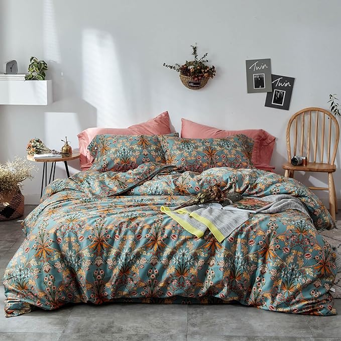 VM VOUGEMARKET Bohemia Comforter Set King,3 Piece Sage Green Flower Comforter with 2 Pillowcases,Green Golden Elegant Bedding Set