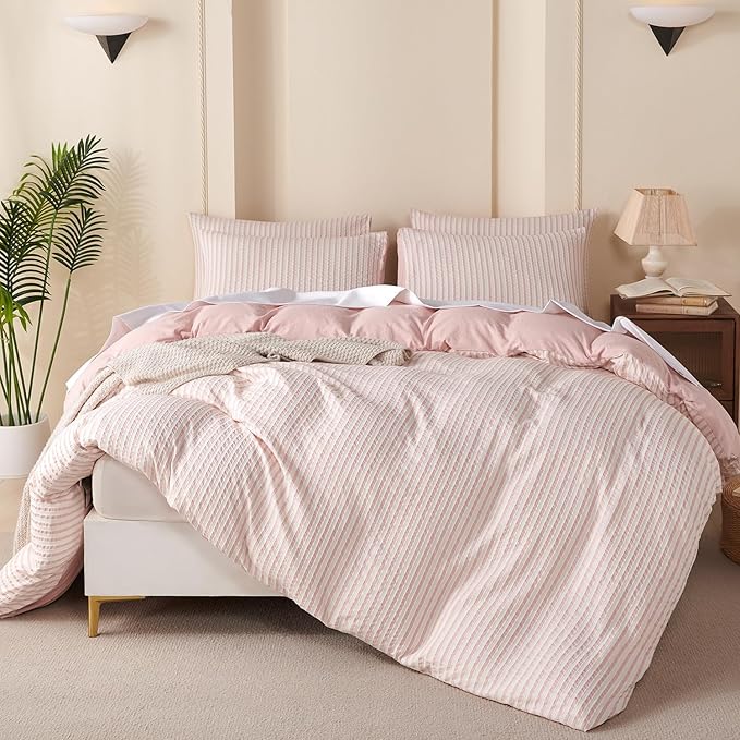 Striped Duvet Cover Set King Pink Washed Microfiber Jacquard 3 Pieces Bedding Set, White Pink Vertical Ticking Stripes Pattern Comforter Cover with Zipper Closure Breathable Durable Soft Comfy