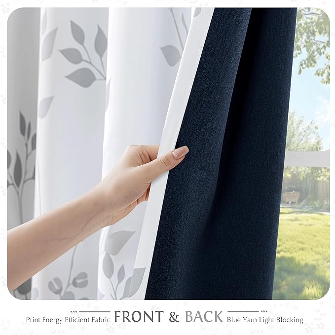 Beauoop Floral 100% Blackout Curtains 84 Inches Long 2 Panels for Bedroom Living Room Grey White Flower Patterned Room Darkening Thermal Insulated Soundproof Rod Pocket Back Tab Window Drapes, 52X84