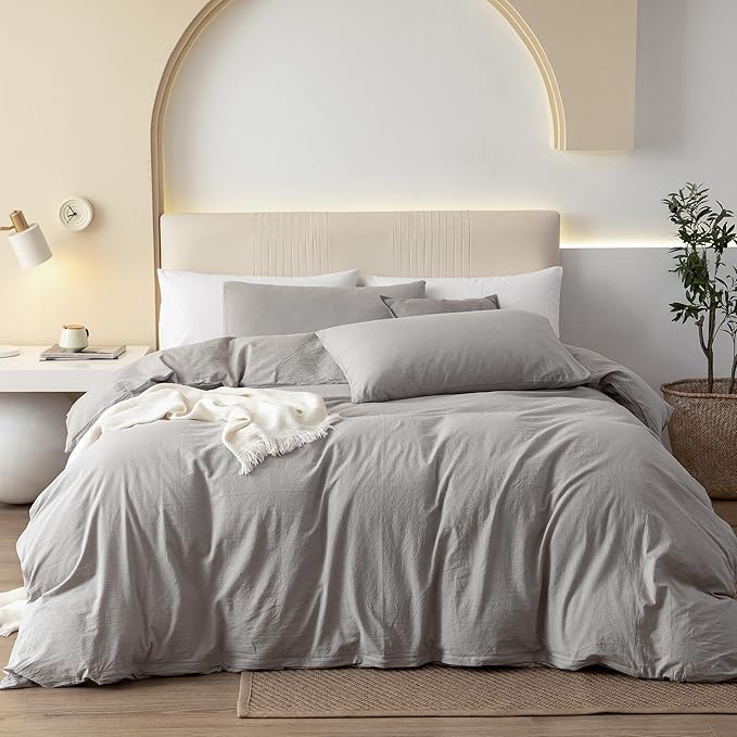 JIYUAN 100% Washed Cotton Duvet Cover Set 3 Pieces Queen, 1 Duvet Cover 90x90 Inches(Comforter Not Included) and 2 Pillowcases,Linen Feel Bedding Set Comfy and Breathable, Heathered Pastel Grey