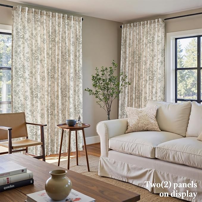 jinachan Linen Floral Curtains Extra Wide for Patio Sliding Glass Door Room Divider Curtain for Living Room Christmas Drapes 108 Inch Length Farmhouse Peony Green Printed Curtain Set 1 Panel