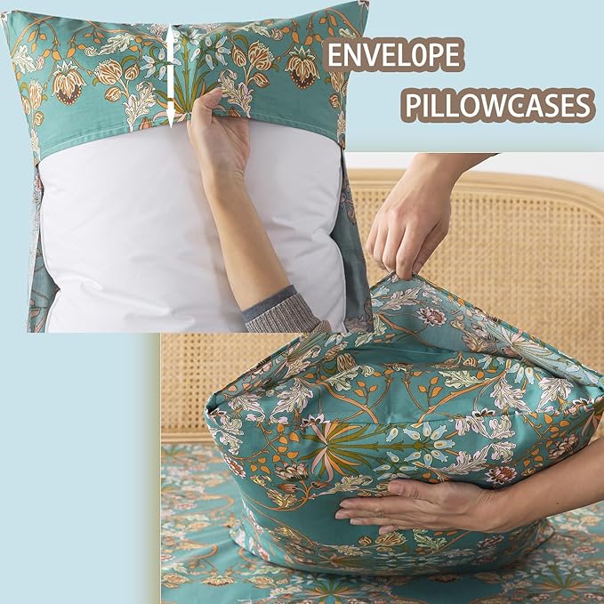 Zusbest California King Sheet Set Shabby Floral Vintage Bed Sheets Percale Cotton Chic Teal Blue Orange American Country Bedding Luxury Boho Soft Bed Deep Pocket Fitted Sheet 4Piece, Cal King