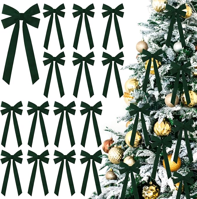 JOICEE 15Pcs Christmas Velvet Bows, 5in x 12in Christmas Tree Bows Rustic Crafts Gift Wrapping Bows Xmas Ornaments for Wreath Garland Tree Decorations Indoor Outdoor Holiday Decor(Green)