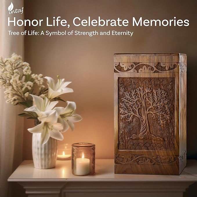INTAJ Handcarved Wooden Cremation Urn for Human Ashes - Tree of Life Design, 115 lbs Capacity, Suitable for Adult Men and Women, Mom and Dad - Decorative Funeral Urn Box and Casket