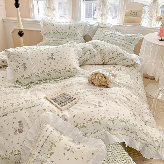 Twin XL Comforter Set Cute Flower Green Leaves Pattern Comforter White Ruffle Bedding Comforter with 2 Pillowcases Reversible Green Plaid Comforter Botanical Flower Cute Rabbit Comforter Set