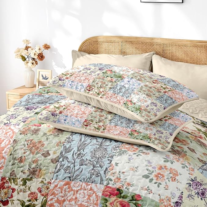 Quilt Set Twin Size, Vintage Patchwork Floral 2 Pcs Soft Bed Cover Bedding Set, Boho Mid Century Lightweight Bedspread Coverlet with Pillow Sham for All Season