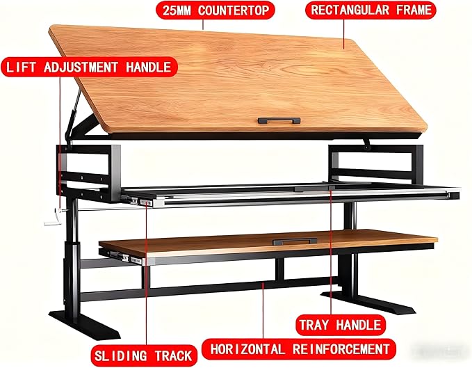 Studio Desk with Keyboard Tray | Hand-Crank Adjustable Standing Desk Workstation for Music Production, Cable Management, MIDI Keyboard Shelf (White, 47in)