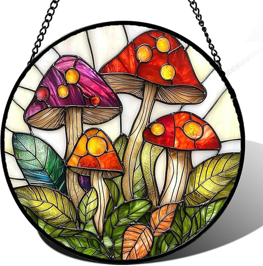 Stained Glass Window Hanging, Mushroom Leaves Suncatcher for Doors Home Sun Catchers Decoration and Christmas, Mother's Day Birthday Gifts for Women, Men, and Mom 14.9x14.9 in