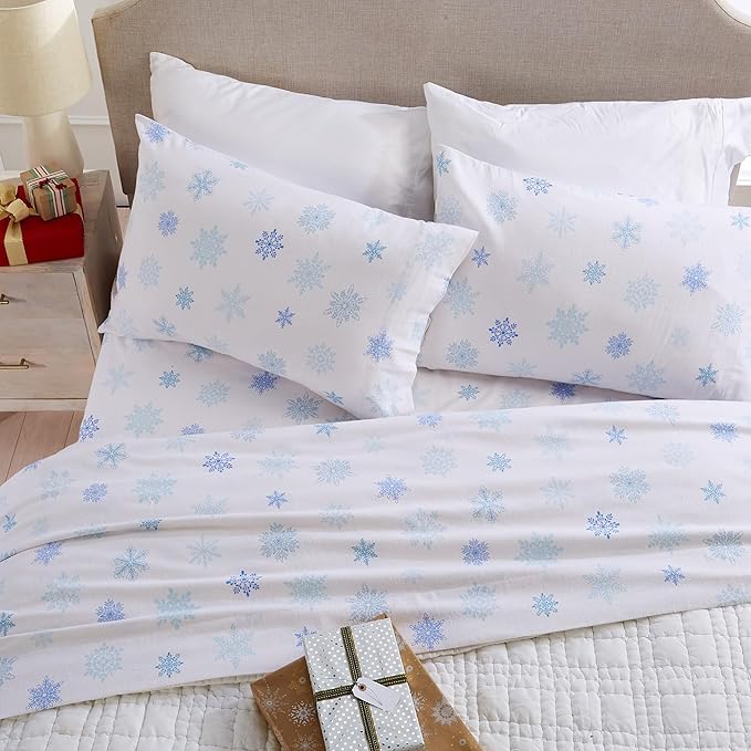 Market & Place 100% Turkish Cotton Flannel Sheet Set | 4 Piece Deep Pocket Novelty Cozy Winter Bed Sheets | Double Brushed for Extra Softness & Comfort | Alpine Collection (Queen, Blue Snowflake)