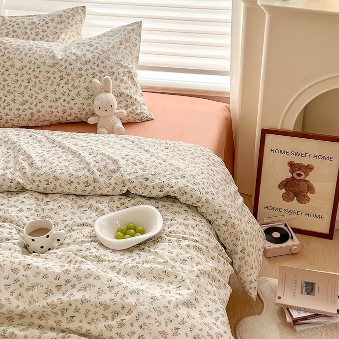 LifeTB Vintage Style Boho Floral Comforter Set King Fluffy Soft Pink Floral Bedding Set Aesthetic Flower Botanical Comforter with 2 Pillowcases Farmhouse Boho Bedding Comforter King Size