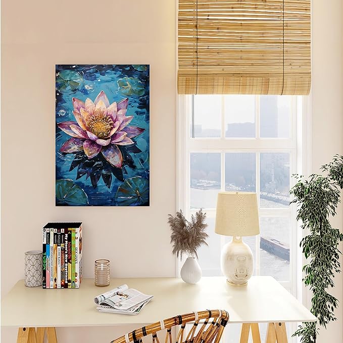 Gorgeous pink and purple water lilies on deep blue water Eye-catching oil painting Serene aquatic wall art for modern home decor 12x18in Frameless