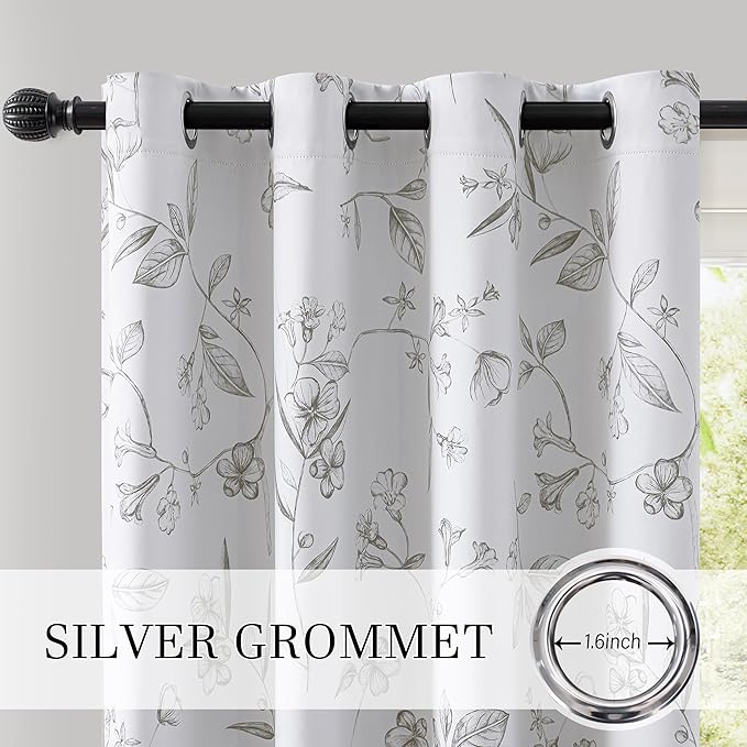 ChrisDowa 100% Blackout Floral Curtains 63 Inches Long 2 Panels for Bedroom Living Room Grey Flower Patterned Room Darkening Thermal Insulated Soundproof Grommet Window Treatments Drapes,52X63