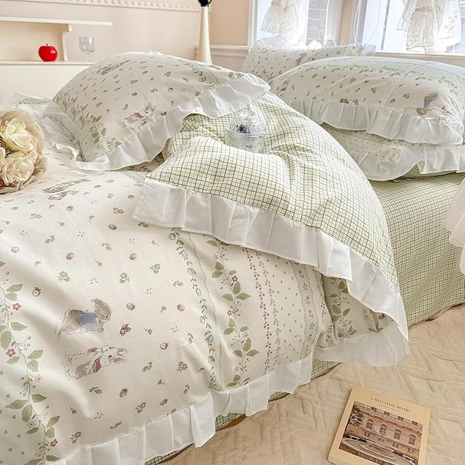 Twin XL Comforter Set Cute Flower Green Leaves Pattern Comforter White Ruffle Bedding Comforter with 2 Pillowcases Reversible Green Plaid Comforter Botanical Flower Cute Rabbit Comforter Set