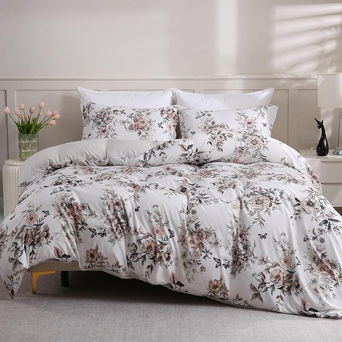 LONAVA Queen Floral 3 Pcs Duvet Cover Set, Breathable Soft Microfiber Light Grey Lining Comforter Cover with Zipper Closure, and 2 Anti-Pilling, Fade Resistant Pillowcases, Withered Flowers