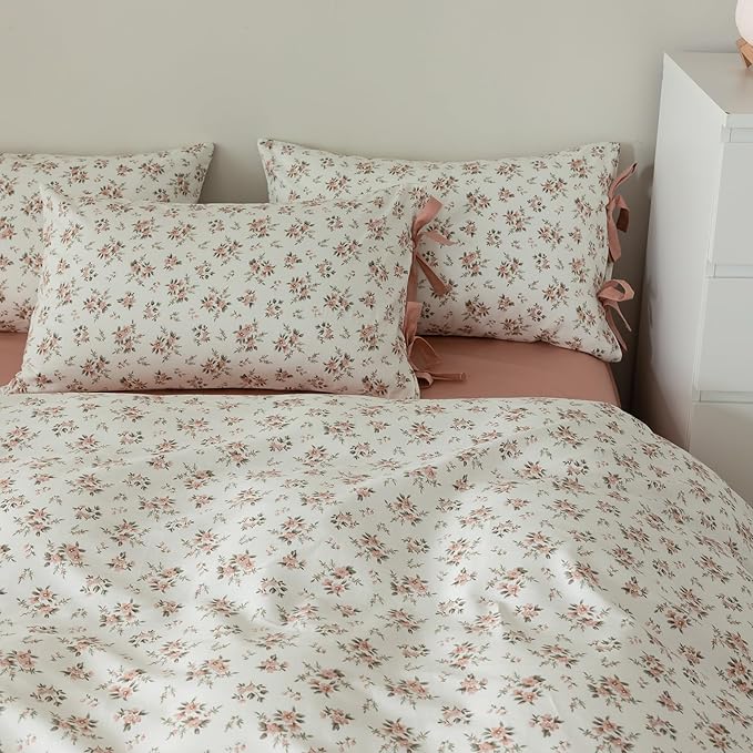 VM VOUGEMARKET Blush Pink Floral Duvet Cover Queen 3 Pieces Cotton Girls Cottagecore Bedding Set,Peach Flower Comforter Cover with Zipper Closure,Vintage Country Bedding 90x90