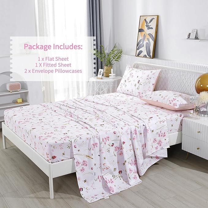 RYNGHIPY Shabby Floral Bees Print Bedding Sheets with Pillowcases, Breathable Egyptian Cotton Bed Sheet Set (Bee,Full Size)