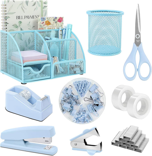 SKYDUE Office Supplies Set - Blue Mesh Desk Organizer with Stapler, Tape Dispenser & Scissors | 1000 Staples Included