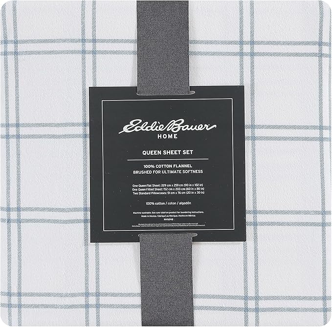 Eddie Bauer - Flannel Sheets King Size, Anti-Pilling & Wrinkle Resistant Cotton, Touchably Soft for All-Season Comfort - Bed Sheets with Matching Pillowcases & Fitted Sheet (Westridge Plaid Blue)