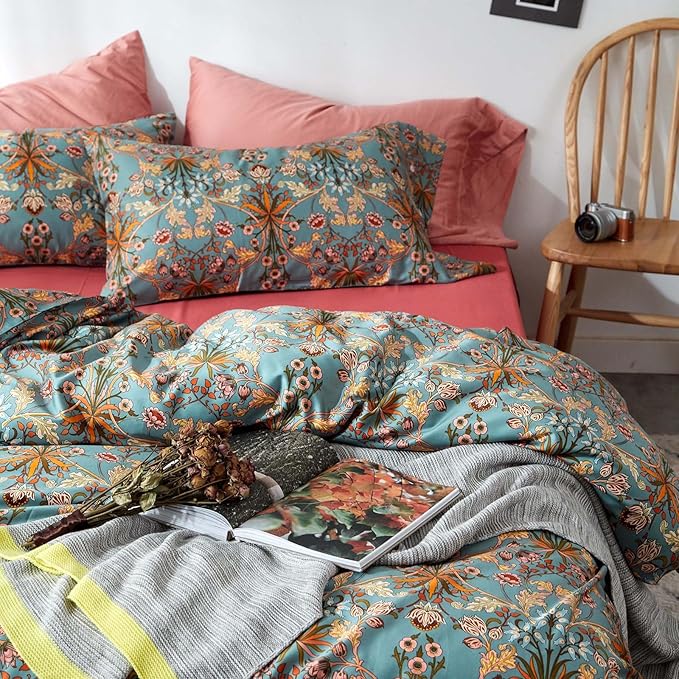 VM VOUGEMARKET Boho Comforter Set Full,Green Medallion Floral Bedding Set Retro Vibrant Bohemian Pattern Quit Comforter with 2 Pillowcases