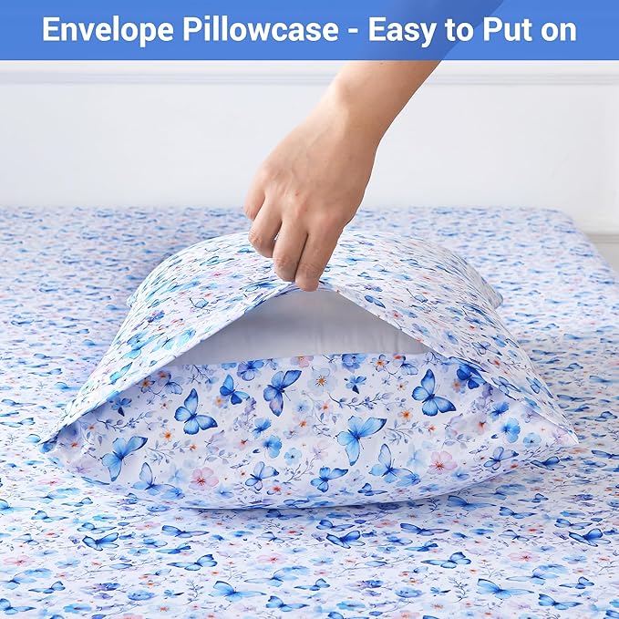 Softan King Floral Sheets, Microfiber Blue Flower Printed Fitted Sheets with Non-Slip Corner Straps and 15" Deep Pocket, Butterfly Patterned Cozy King Bed Sheets & Pillowcase Sets