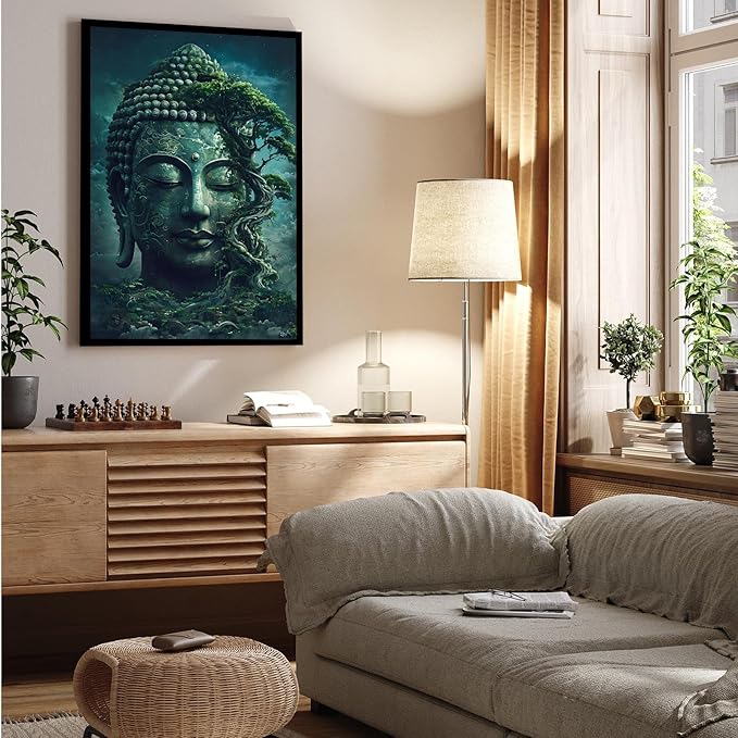 Buddha statue wall art canvas wall decor aesthetic picture mystical nature art for tranquil home and spiritual space 24x36in Metal blackFramed
