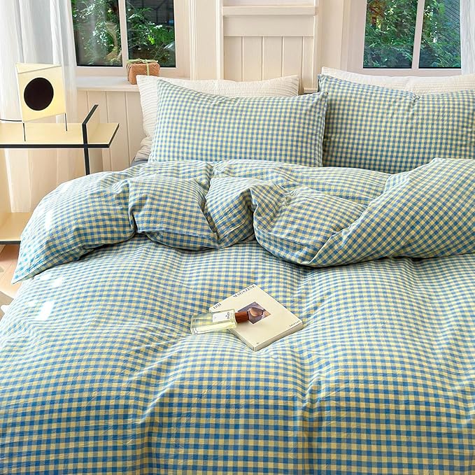 LifeTB Blue Yellow Gingham Comforter Set King 3 Pieces Soft Fluffy Grid Checkered Pattern Comforter with 2 Pillowcases Farmhouse Gingham Bedding Set Modern Style Geometric Plaid Comforter Set