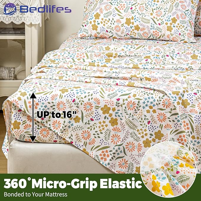 Bedlifes California King Floral 4-Piece Sheet Set - Cooling Sheets Blend Rayon Derived from Bamboo,Soft & Breathable, Deep Pocket 16", Wrinkle Resistant - Featuring Floral