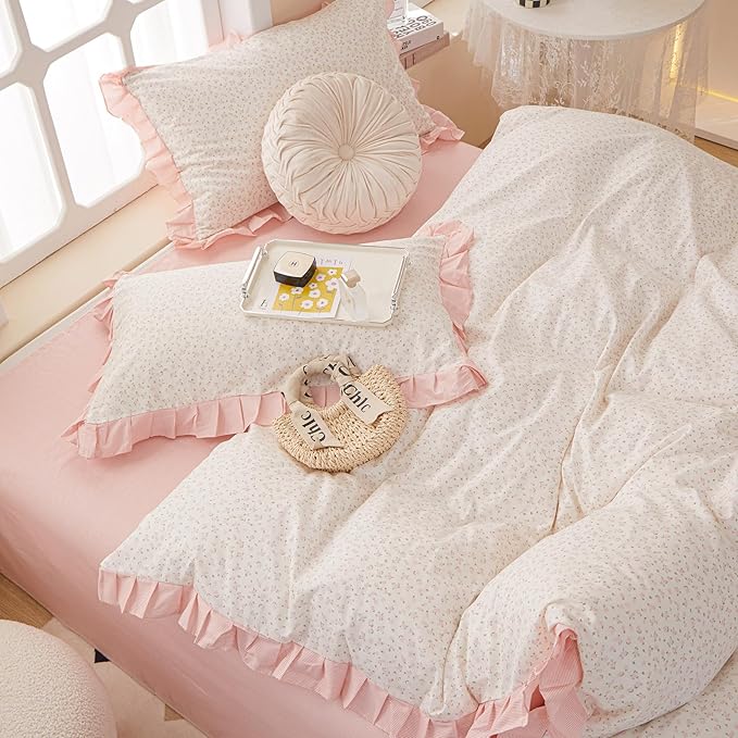 LifeTB Pink Flower Comforter Set Full Vintage Coquette Bedding Comforter Cottagecore Floral Comforter Set with Elegant Ruffles Soft Fluffy Lightweight Botanical Bedding Set for Girls Women