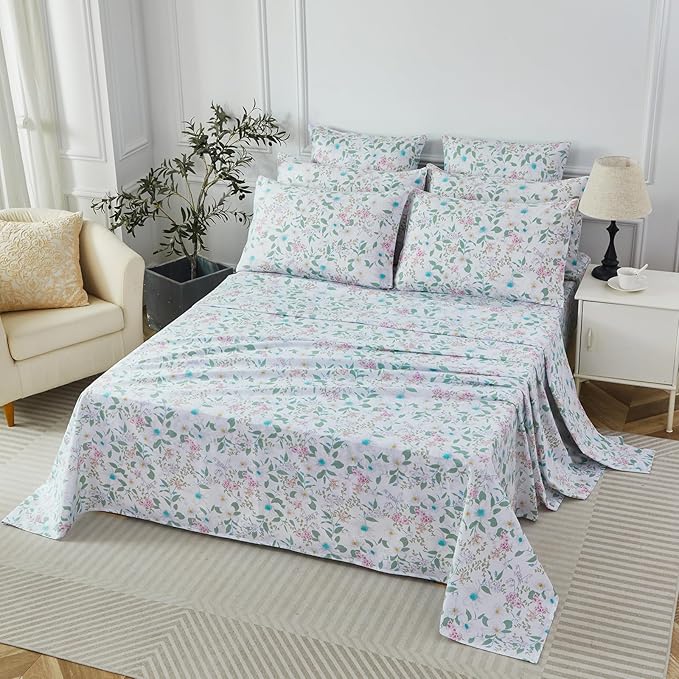 FADFAY Full Size Sheets Set 100% Cotton Vintage Floral Shabby Flowers & Leaves Pattern Farmhouse Bedding Set Deep Pocket Sheets with 2 Pillowcases Breathable Soft 4Pcs, Full