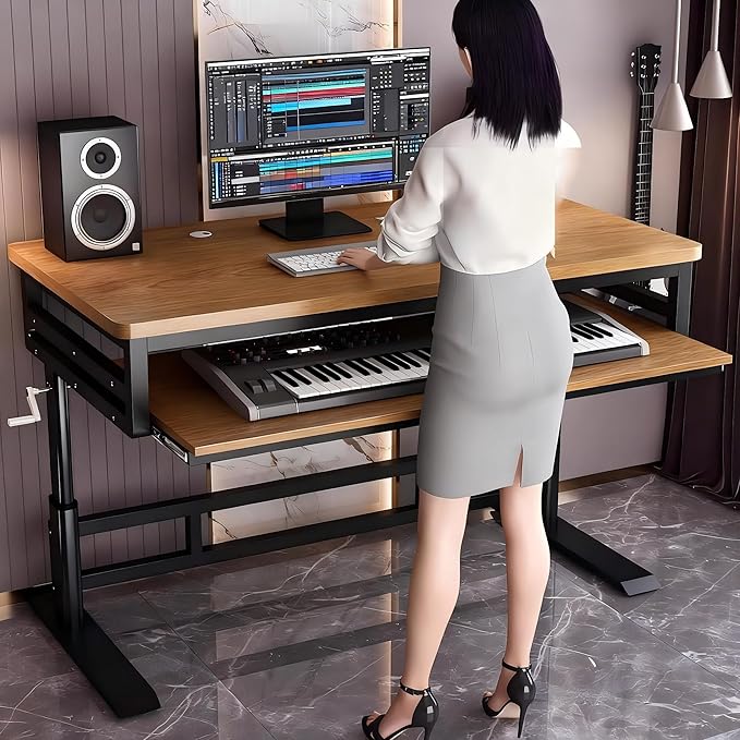 Studio Desk with Keyboard Tray | Hand-Crank Adjustable Standing Desk Workstation for Music Production, Cable Management, MIDI Keyboard Shelf (Natural, 47in)