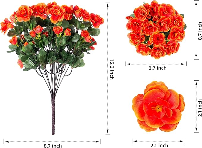Ivydale Artificial Faux Fall Flowers Plants for Outdoor Outside, Fake Silk Orange Camellia UV Resistant Look Real for Autumn Planter Porch Patio Balcony Garden Yard Decoration, 3 Large Bundles