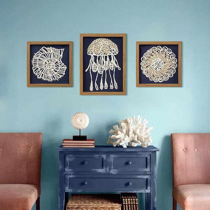 FOLKOR Beach Wall Art Decor for Living Room Bedroom Guest Room, 12" Framed Seashell Shadow Box Art with Blue Background, 3D Coastal Wall Hanging Accent for Entryway Staircase Exhibition Gallery Wall