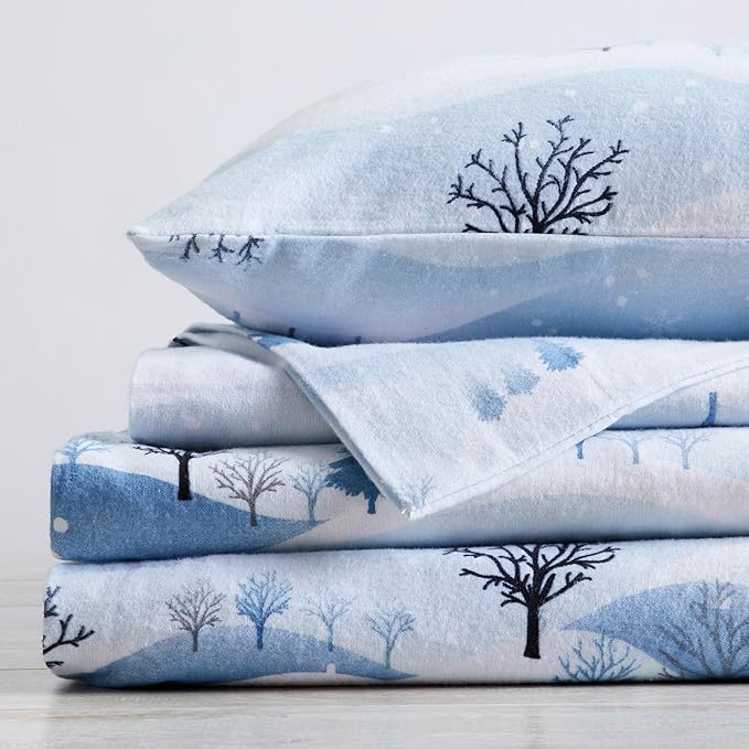 Market & Place 100% Cotton King Flannel Sheet Set | 4 Piece Deep Pocket Novelty Cozy Winter Bed Sheets | Double Brushed for Extra Softness & Comfort | Alpine Collection (King, Winter Landscape)
