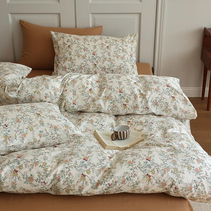 LifeTB Rustic Flower Duvet Cover King Botanical Garden Floral Bedding Set 100% Cotton Vintage Country Style Girls Comforter Cover Flower Branches Pattern Cottagecore Bedding Set King Size