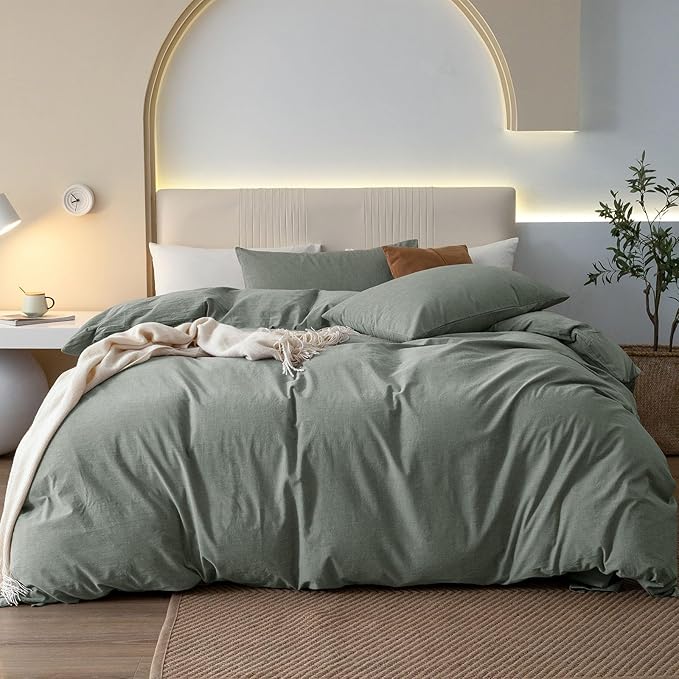 JIYUAN 100% Washed Cotton Duvet Cover Set 3 Pieces Queen, 1 Duvet Cover 90x90 Inches(Comforter Not Included) and 2 Pillowcases,Linen Feel Bedding Set Comfy and Breathable, Heathered Green