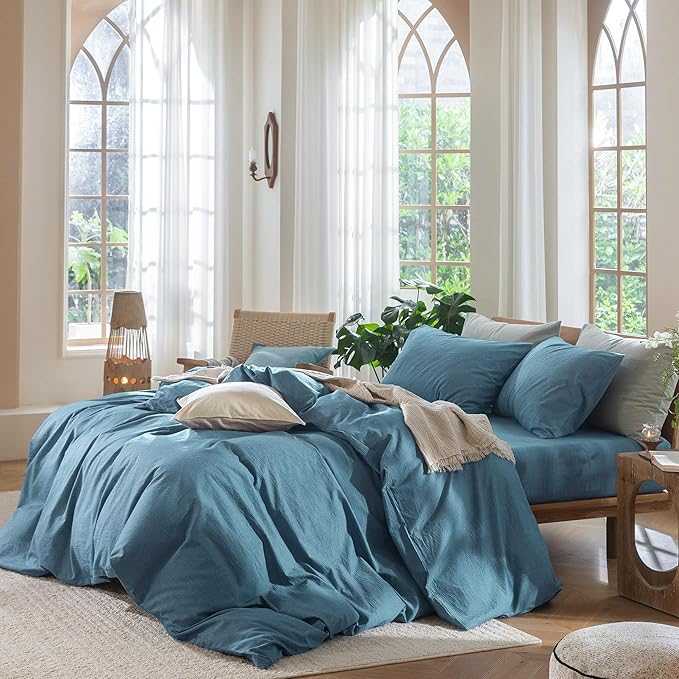 MooMee Bedding Duvet Cover Set 100% Washed Cotton Linen Like Textured Breathable Durable Soft Comfy (Heathered Peacock Blue, Super King 108"x98")