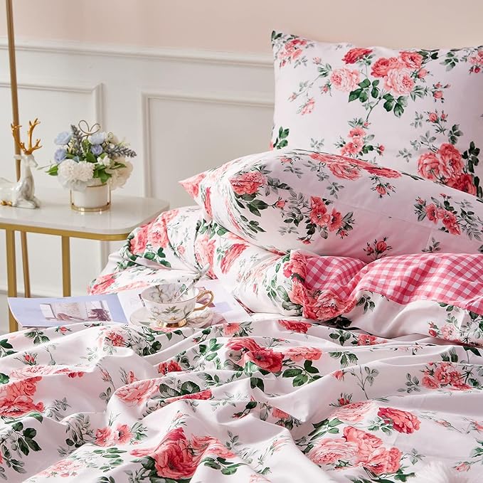 Vintage Pink Floral Duvet Cover Queen 3 Pieces Girls Cottagecore Duvet Cover Soft Microfiber Chic Rose Flower Comforter Cover Pink Plaid Grid Botanical Bedding Floral Aesthetic Comforter Cover Queen
