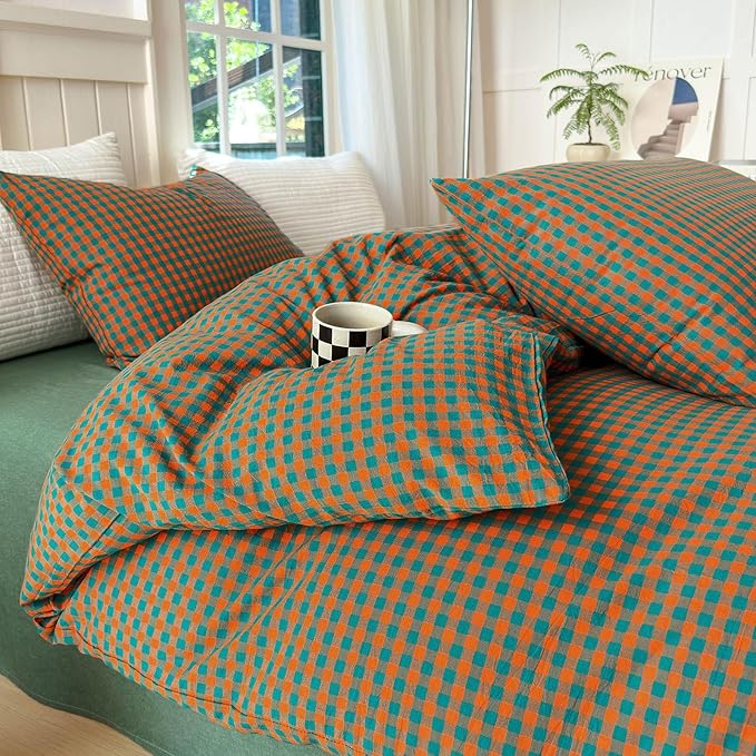 LifeTB Gingham Comforter Set King Modern Style Plaid Checkered Pattern Comforter Soft Fluffy Gingham Bedding Set Lightweight Orange Green Grid Bedding Comforter Fluffy Checkered Comforter Set