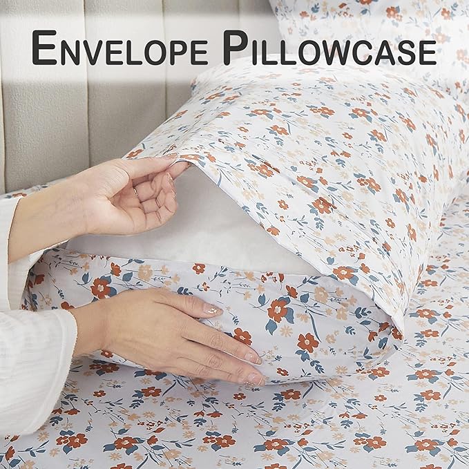 Softan Floral Queen Sheet Set Orange Flower Printed Bed Sheets - 4 Piece Soft Microfiber Patterned Fitted Sheets with 15" Deep Pocket and Corner Straps, Cute Spring Sheets & Pillowcase Set