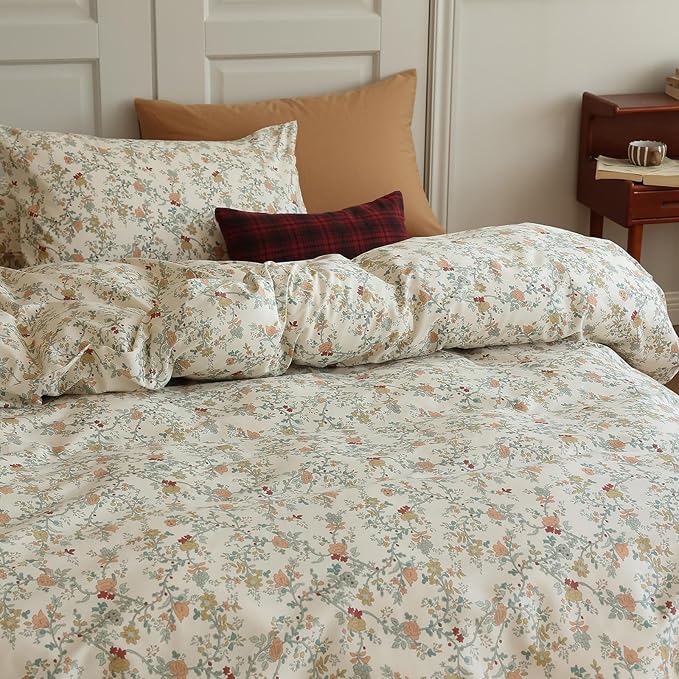 EAVD Vintage Style Floral Duvet Cover Twin Soft Cotton Chic Shabby Garden Floral Bedding Set with 2 Pillowcases Fresh Reversible Botanical Comforter Cover with Zipper Closure