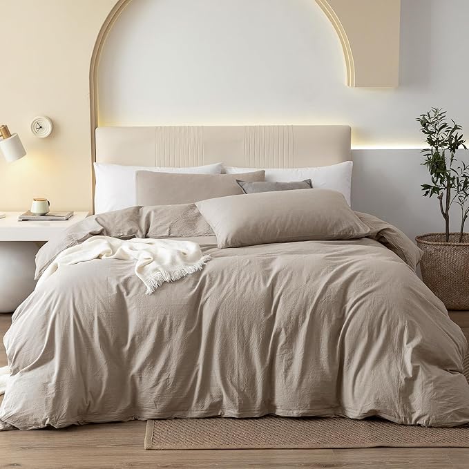 JIYUAN 100% Washed Cotton Duvet Cover Set 3 Pieces Queen, 1 Duvet Cover 90x90 Inches(Comforter Not Included) and 2 Pillowcases,Linen Feel Bedding Set Comfy and Breathable, Heathered Tannish Linen Grey