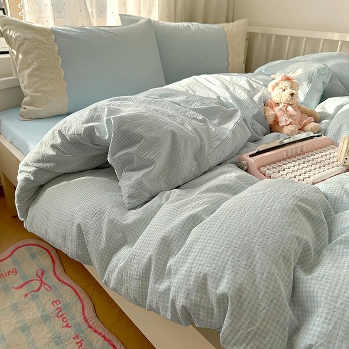 LifeTB Blue Gingham Comforter Set King Romantic Lace Bedding Comforter with 2 Pillowcases Vintage Plaid Checkered Comforter Farmhouse Grid Bedding Set Blue Plaid Comforter Set for All Seasons