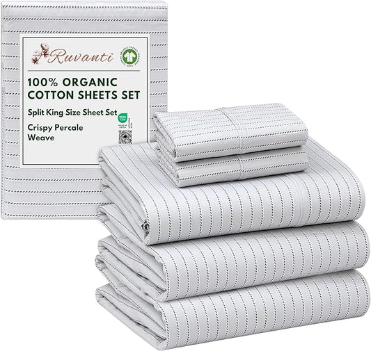 RUVANTI 100% Organic Cotton Sheets Split King, Percale Weave, GOTS Certified, 5-Piece Set, Deep Pocket 15", Crisp & Breathable, Soft Durable Bedding, Sábanas Algodón Orgánico – Construction Line