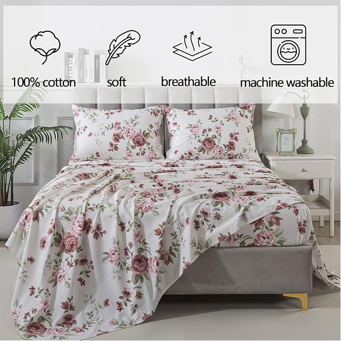 FADFAY Beige Vintage Floral King Size Sheets Set Premium 100% Cotton Shabby Brick Red Rose Pattern Bedding Set Deep Pocket Sheets with 2 Pillowcases Luxury Breathable Soft 4Pcs, King Size
