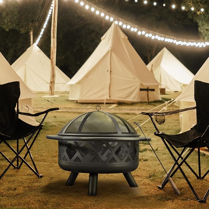 Teamson Home Round Steel Outdoor Fire Pit Outside Wood Burning Firepit Bonfire with Firebowl, Poker, Mesh Screen for Patio Garden Backyard BBQ, 30 Inch, Black