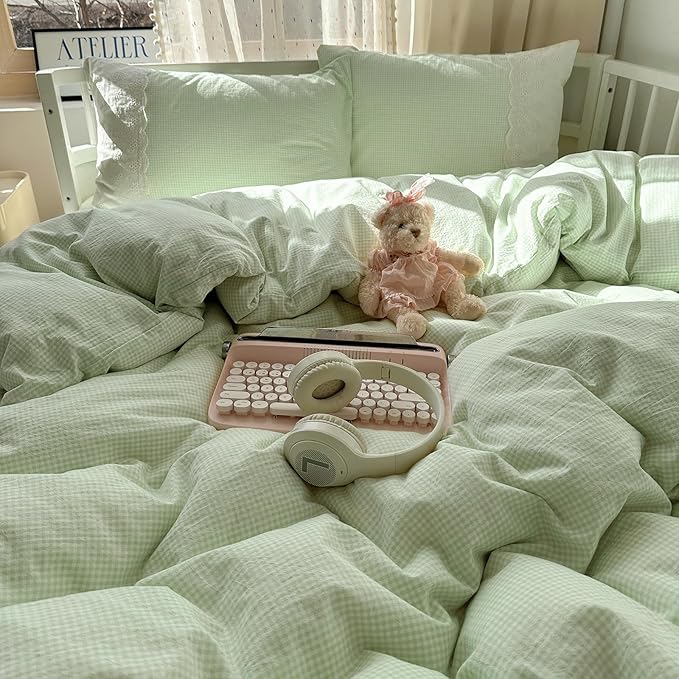 LifeTB Green Gingham Duvet Cover Twin XL 3 Pieces Romantic Lace Duvet Cover Soft Washed Microfiber Green Grid Plaid Comforter Cover with 2 Pillowcases Farmhouse Checkered Gingham Bedding Set