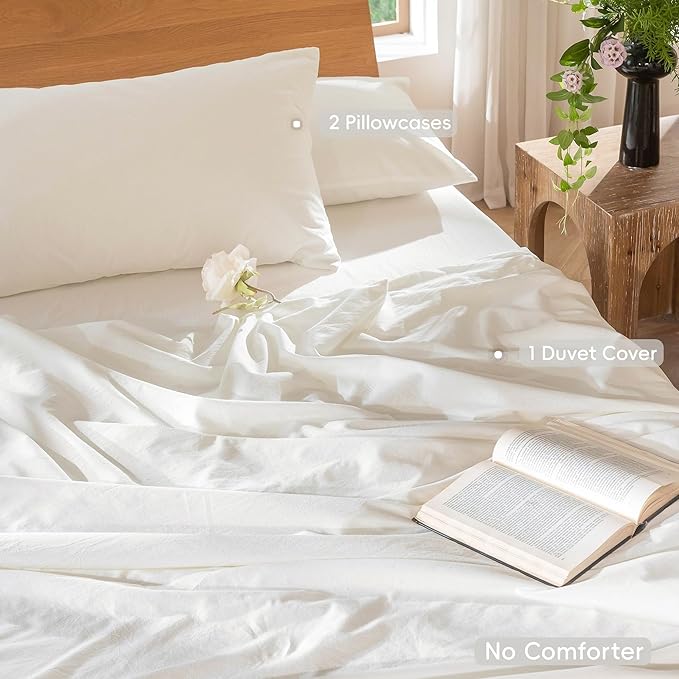 MooMee Bedding Duvet Cover Set 100% Washed Cotton Linen Like Textured Breathable Durable Soft Comfy (Solid Off White, Oversized Queen 98"x98")