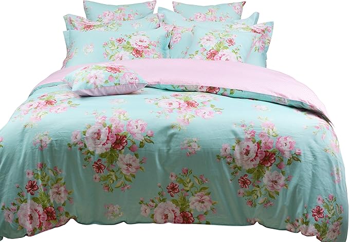 FADFAY Shabby Floral Duvet Cover Set Pink Grid Cotton Farmhouse Bedding with Hidden Zipper Closure 3 Pieces, 1duvet Cover & 2pillowcases,Twin Size