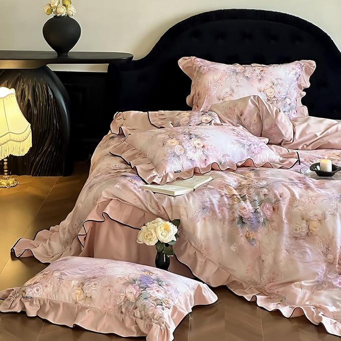 HighBuy Pink Floral Ruffle Duvet Cover Twin XL,Ruffle Lace Floral Bedding Set for Girl College,Soft Brushed Cotton Comforter Cover with Zipper for Hot Sleepers,Breathable & Fade-Resistant
